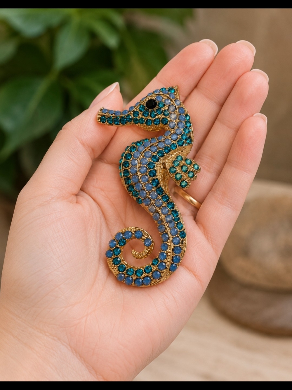 Large Seahorse Teal Blue  Rhinestone brooch